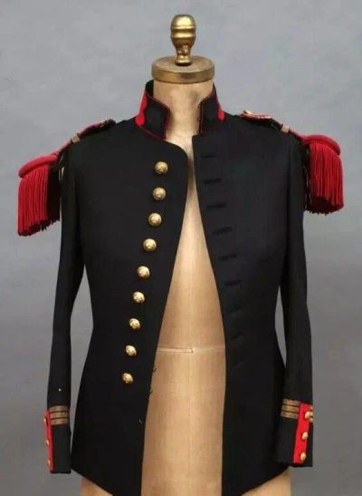 100% 19TH CENTURY FRENCH BLACK WOOL / RED COLLAR STRAP MILITARY JACKET