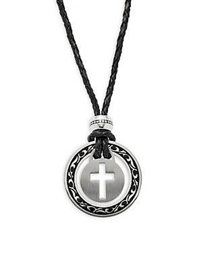 SAKS FIFTH AVENUE STAINLESS STEEL & LEATHER TATTOO CROSS PENDANT BRACELET