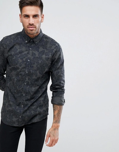 HUGO BOSS ORANGE BY HUGO BOSS EPREPPY SLIM FIT ROSE PRINT SHIRT IN KHAKI - GREEN