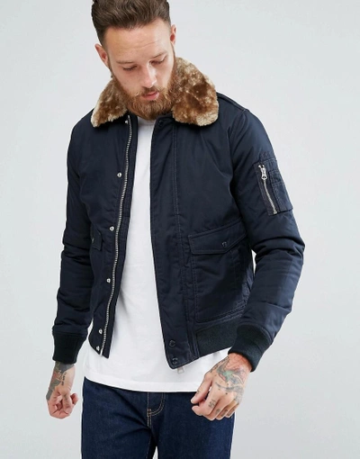 SCHOTT EXCLUSIVE AIR BOMBER JACKET DETACHABLE FAUX FUR COLLAR SLIM FIT IN NAVY/BEIGE - NAVY