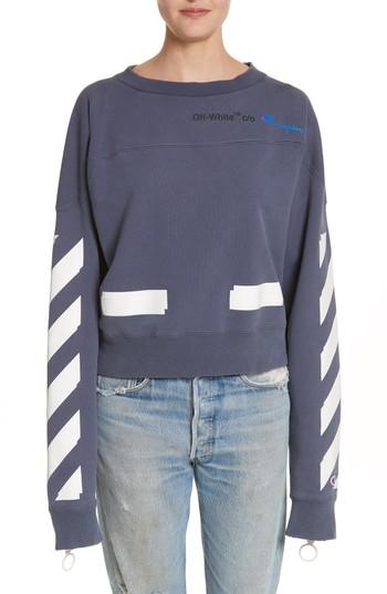 Shop Off-white X Champion Crewneck Sweatshirt In Dusty Blue/ White