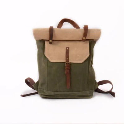 EAZO Roll Top Waxed Canvas & Leather Backpack Cream & Green