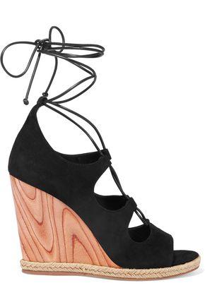 Shop Tory Burch Woman Raya Lace-up Suede Wedge Sandals Black