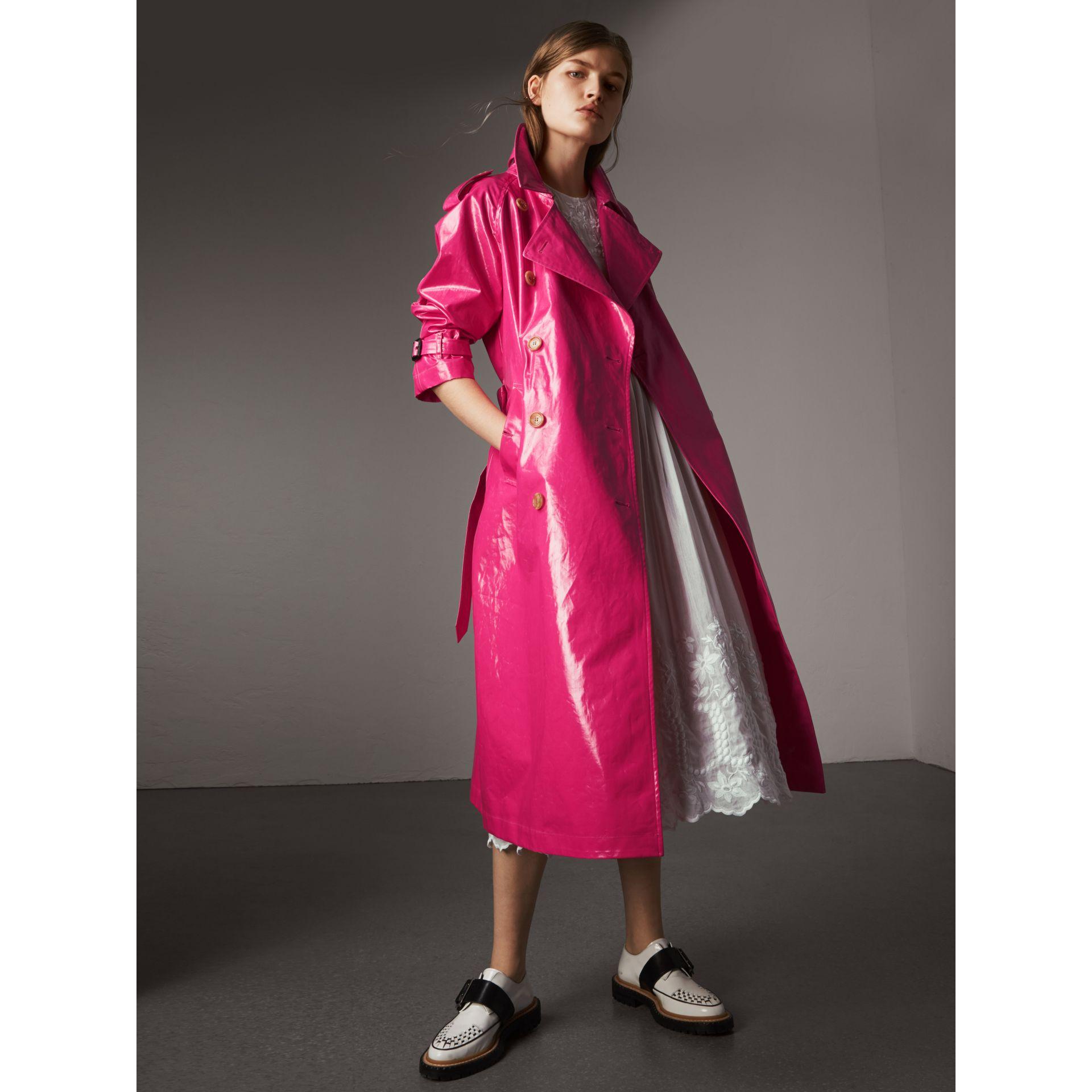 Shop Burberry Laminated Cotton Trench Coat In Neon Pink