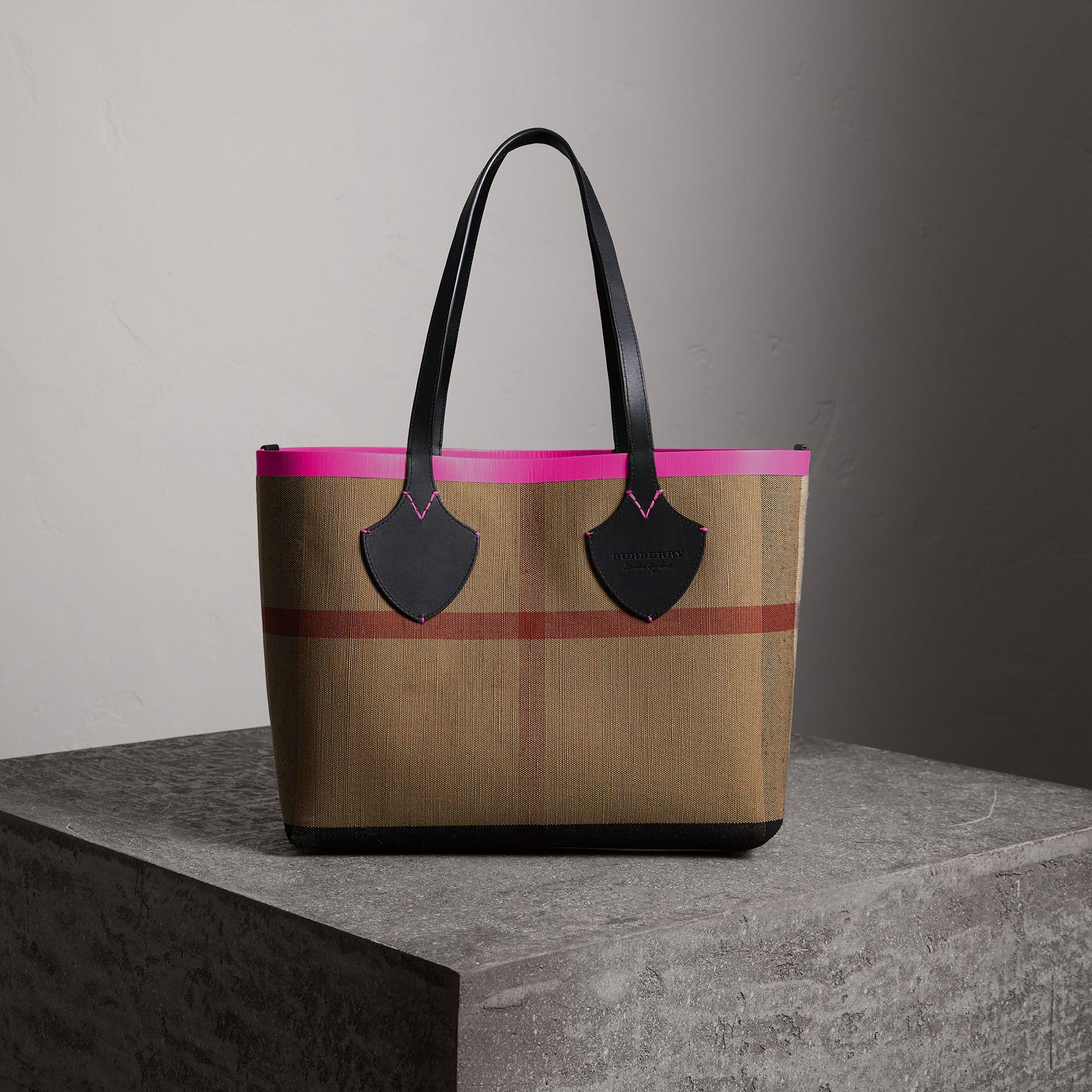 Shop Burberry The Medium Giant Reversible Tote In Canvas And Leather In  Black/neon Pink