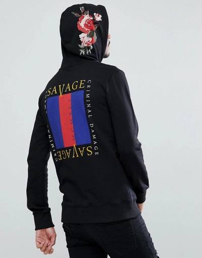 CRIMINAL DAMAGE MUSCLE HOODIE WITH ROSE BACK PRINT - BLACK