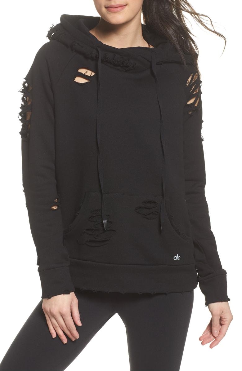 alo yoga distressed hooded sweatshirt