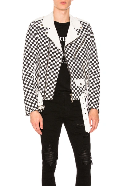 AMIRI AMIRI CHECK DENIM BIKER JACKET IN BLACK,WHITE,CHECKERED & PLAID