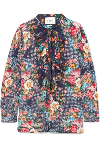 GUCCI JOSEPHINE EMBELLISHED FLORAL-PRINT SILK-CHIFFON SHIRT