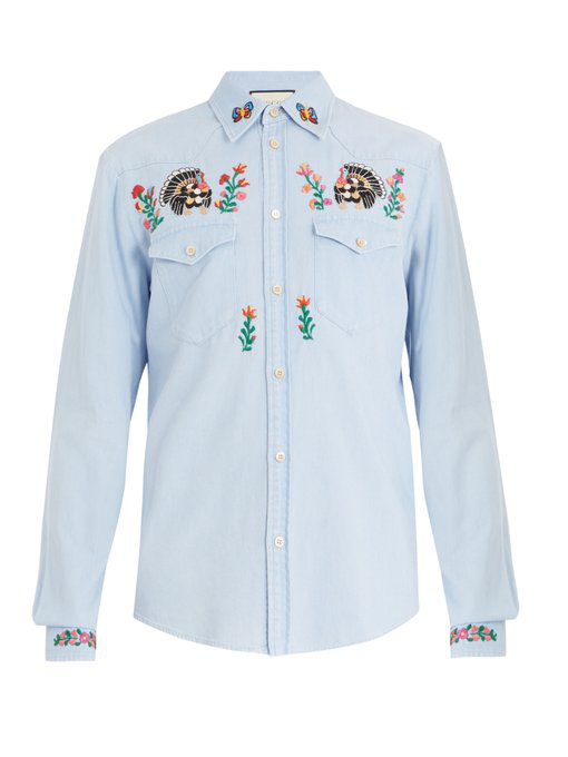 floral embroidered denim shirt