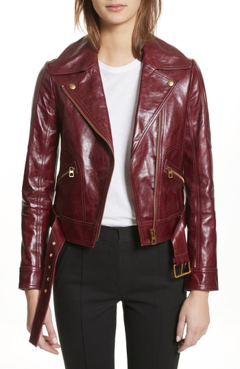 Shop Tory Burch Bianca Leather Moto Jacket In Red