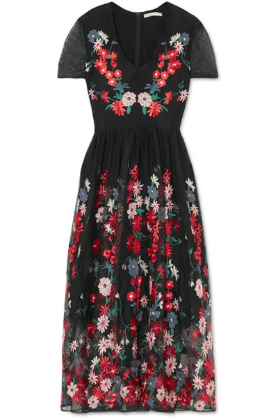 Shop Maje Raphael Embroidered Tulle Midi Dress In Black