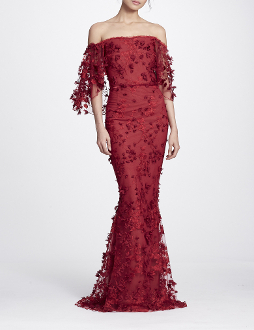 Shop Marchesa Notte Red Embroidered Off The Shoulder Gown N24g0658