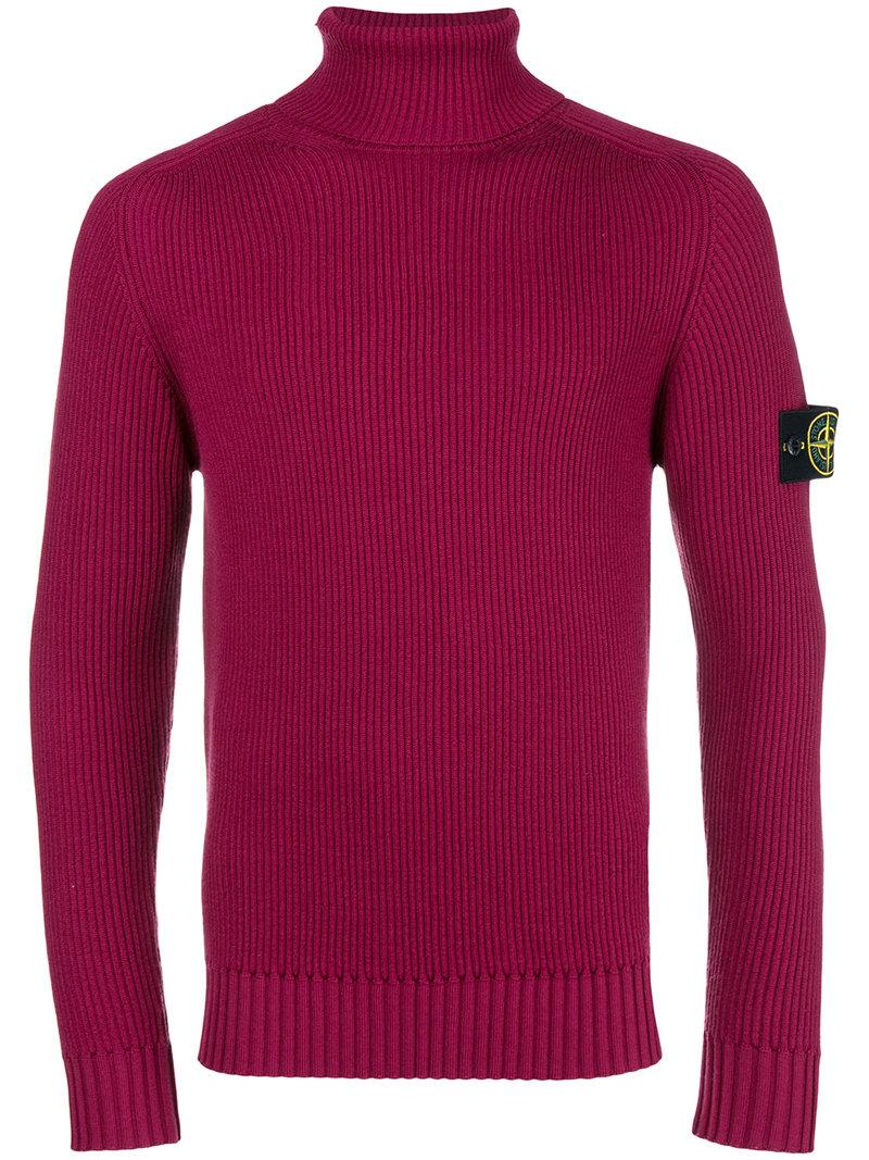 red ribbed polo neck jumper