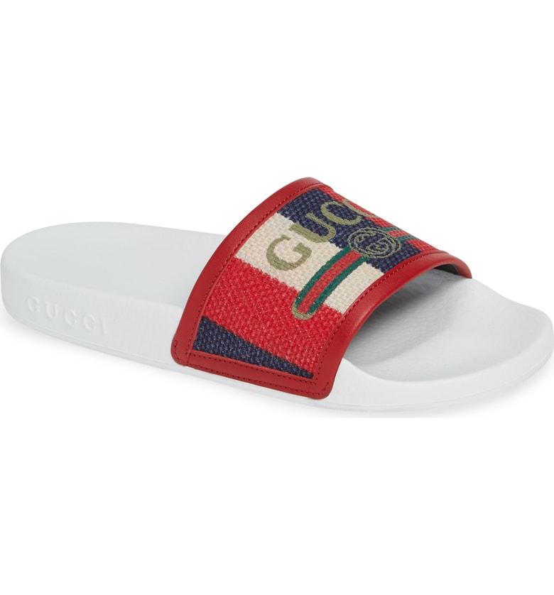 red and blue gucci slides