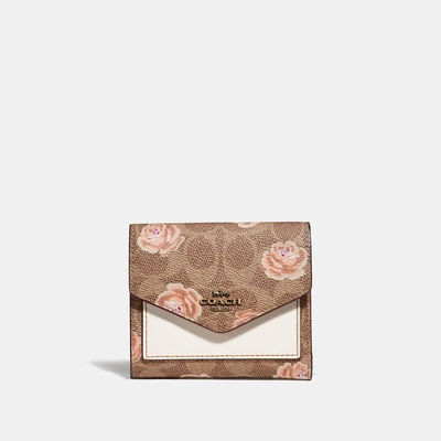 Coach Small Wallet In Signature Rose Print Women's In Tan/brass
