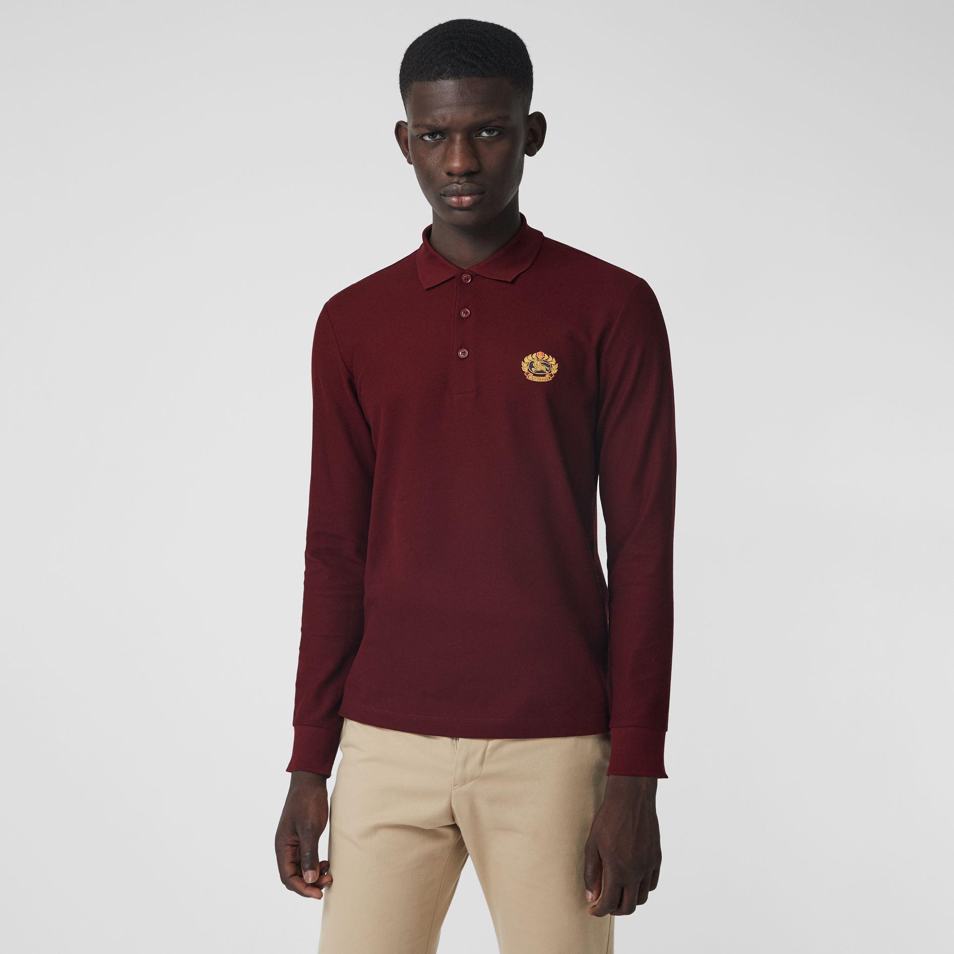 Shop Burberry Long-sleeve Archive Logo Cotton Piqué Polo Shirt In Burgundy