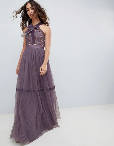 Needle & Thread High Neck Embroidered Maxi Gown In Purple - Purple