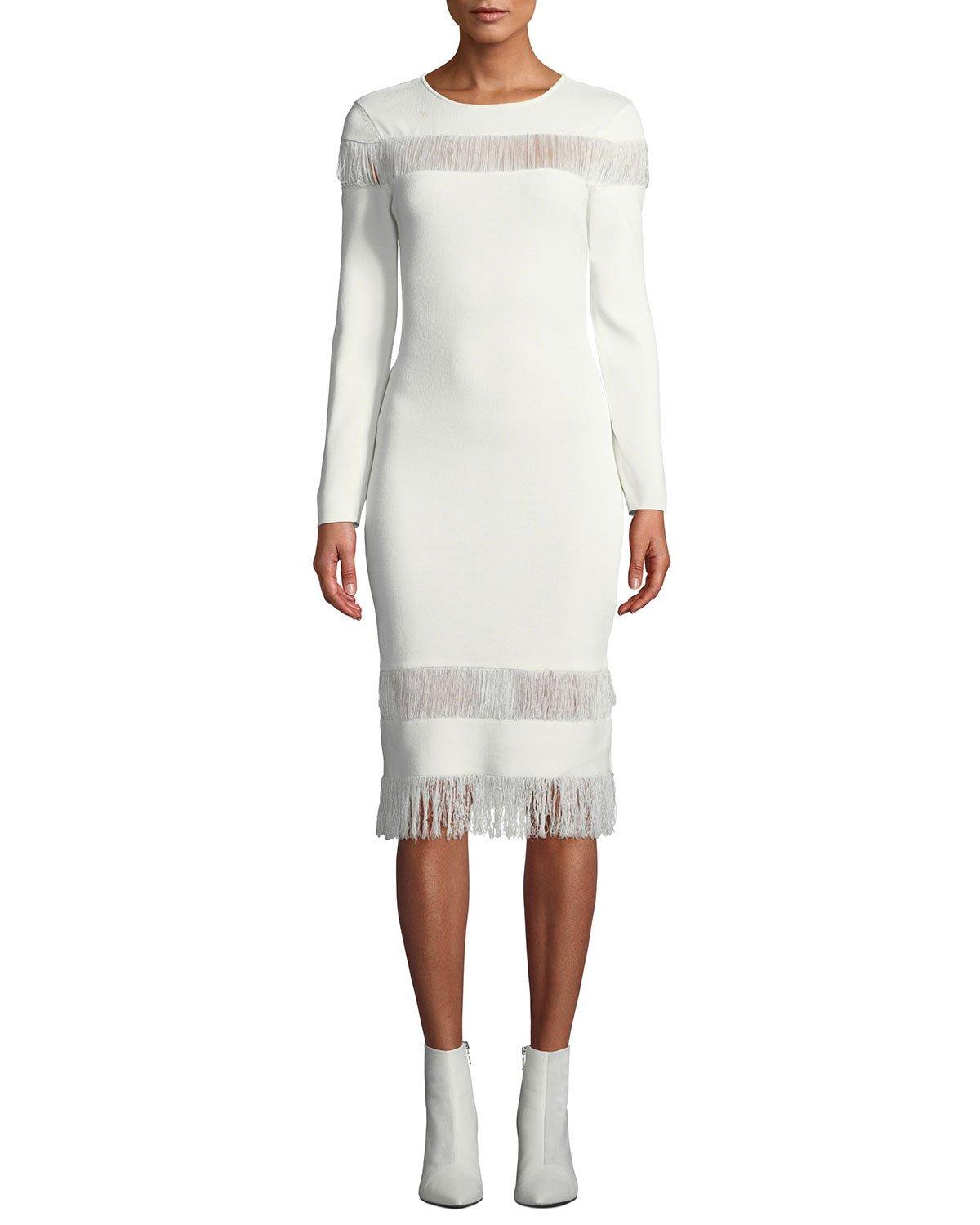 white long sleeve fringe dress