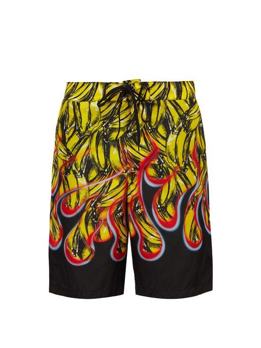 Shop Prada Banana And Flame-print Swim Shorts In Yellow