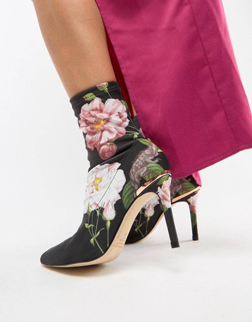 Shop Ted Baker Floral Print Heeled Sock Boots Black