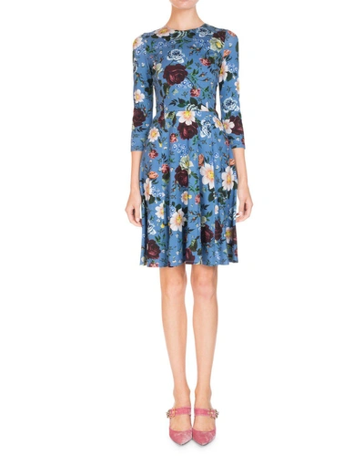 ERDEM DIONE 3/4-SLEEVE WALLPAPER FLORAL DRESS