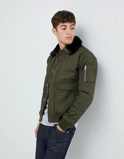 Schott Air Bomber Jacket With Detachable Faux Fur Collar In Green