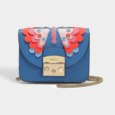 Shop Furla Metropolis Butterfly Mini Crossbody Bag In Blue Calfskin