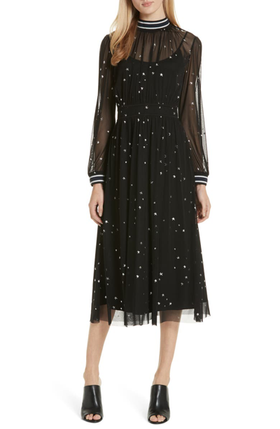 TORY BURCH STAR PRINT RUCHED MIDI DRESS