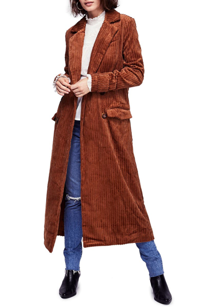 Free People Abbey Road Wide Wale Cotton Corduroy Duster Coat In Cedar
