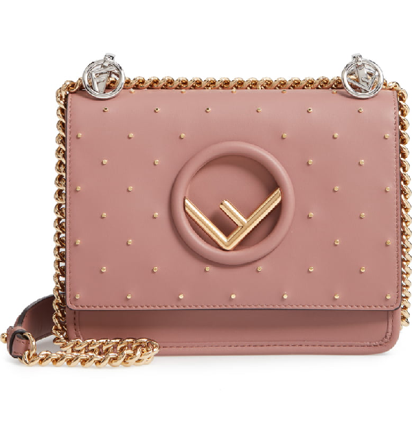 Shop Fendi Small Kan I Logo Studded Leather Shoulder Bag - Pink In