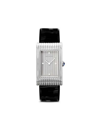 BOUCHERON MEDIUM DIAMOND REFLET BLACK LEATHER STRAP WATCH