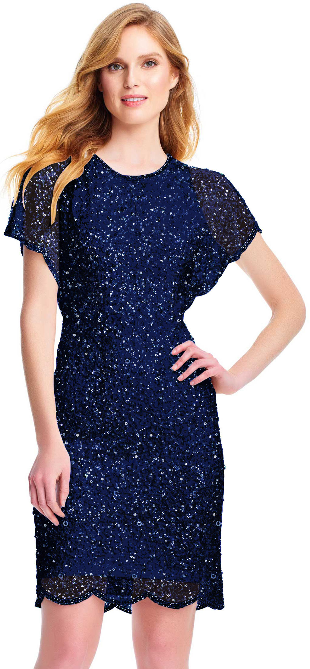 sequin beaded cocktail dress with flutter sleeves and scallop trim