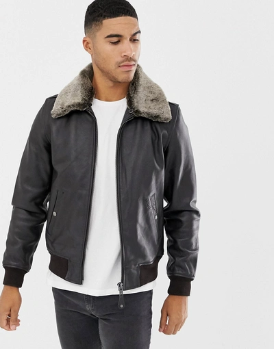 Schott Leather Flight Jacket Detachable Faux Fur Collar Slim Fit