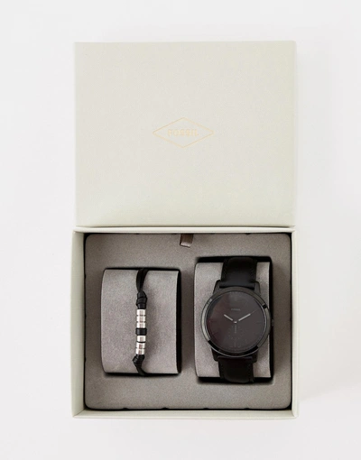 FOSSIL FS5500SET MINIMALIST LEATHER WATCH & BRACELET GIFT SET - BLACK