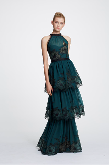 Shop Marchesa Notte Sleeveless Tiered Evening Gown N30g0836 In Emerald Green