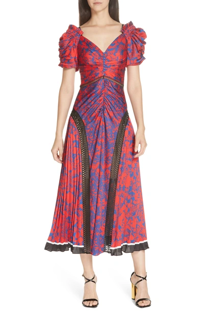Self-portrait Ruched & Pleated Floral Print Midi Dress In Blue-red
