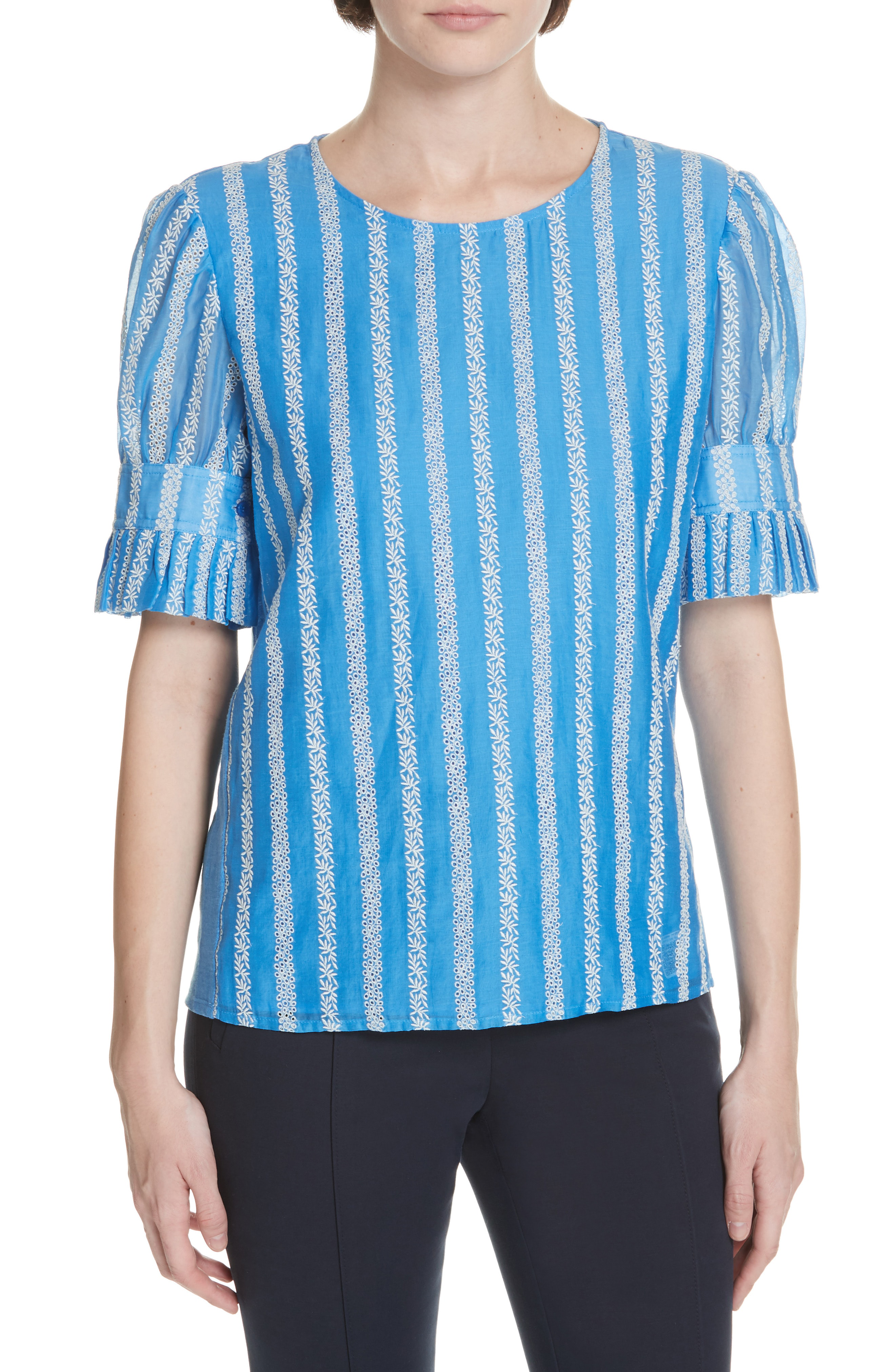 Shop Tory Burch Embroidered Detail Cotton & Silk Blouse In High Tide