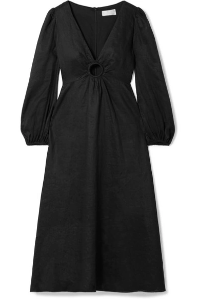 Zimmermann Wayfarer Cutout Linen Midi Dress In Black