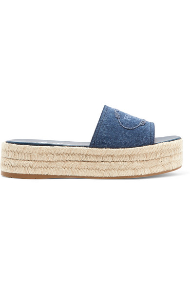 Shop Prada Embroidered Denim Espadrille Platform Slides In Mid Denim