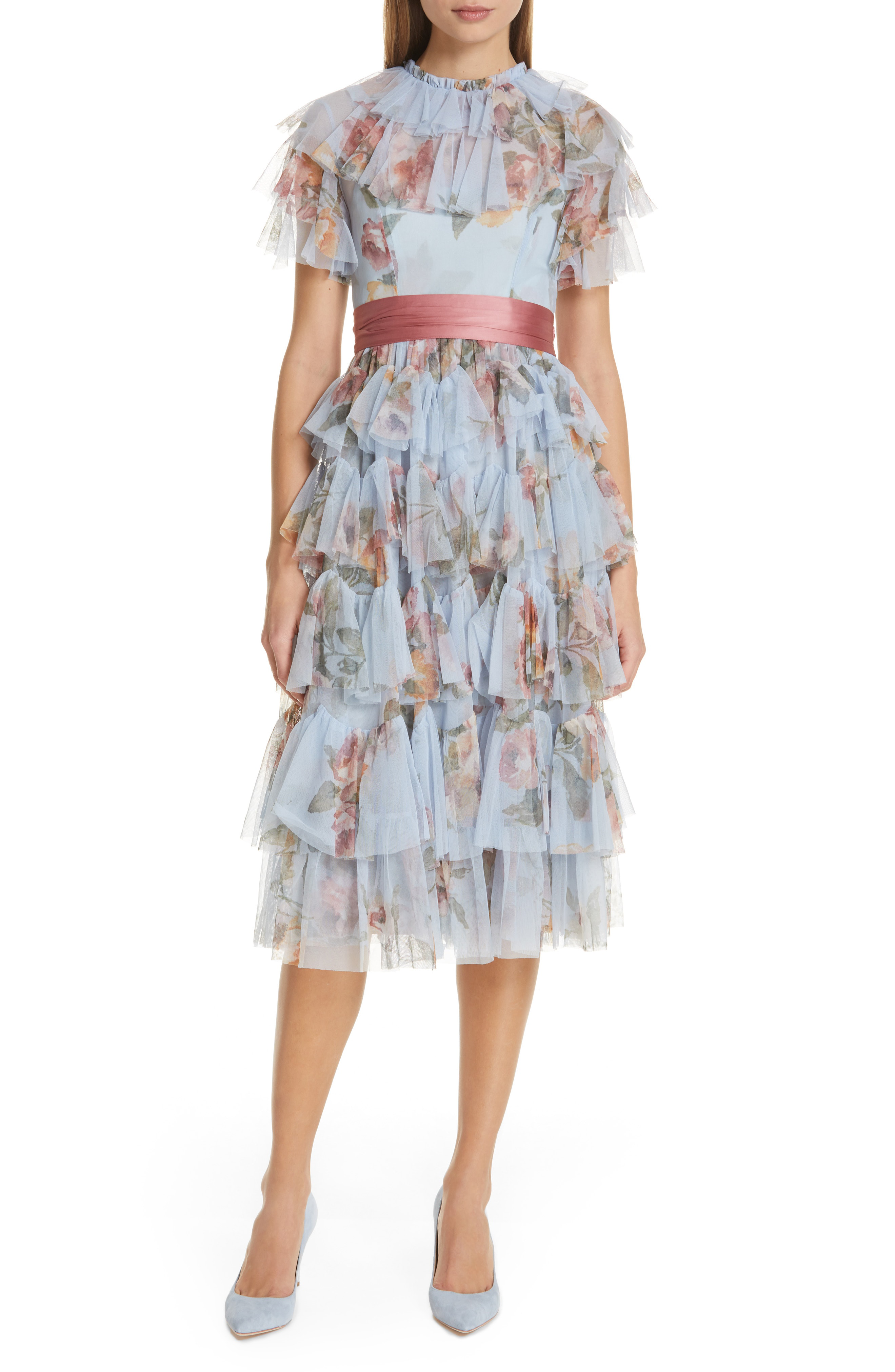 needle & thread tulle tiered floral midi dress with waistband in dusk blue