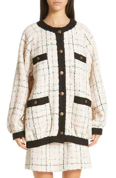 Gucci Oversize Tweed Bomber Jacket In 9283 Ivory/ Pink/ Light Blu