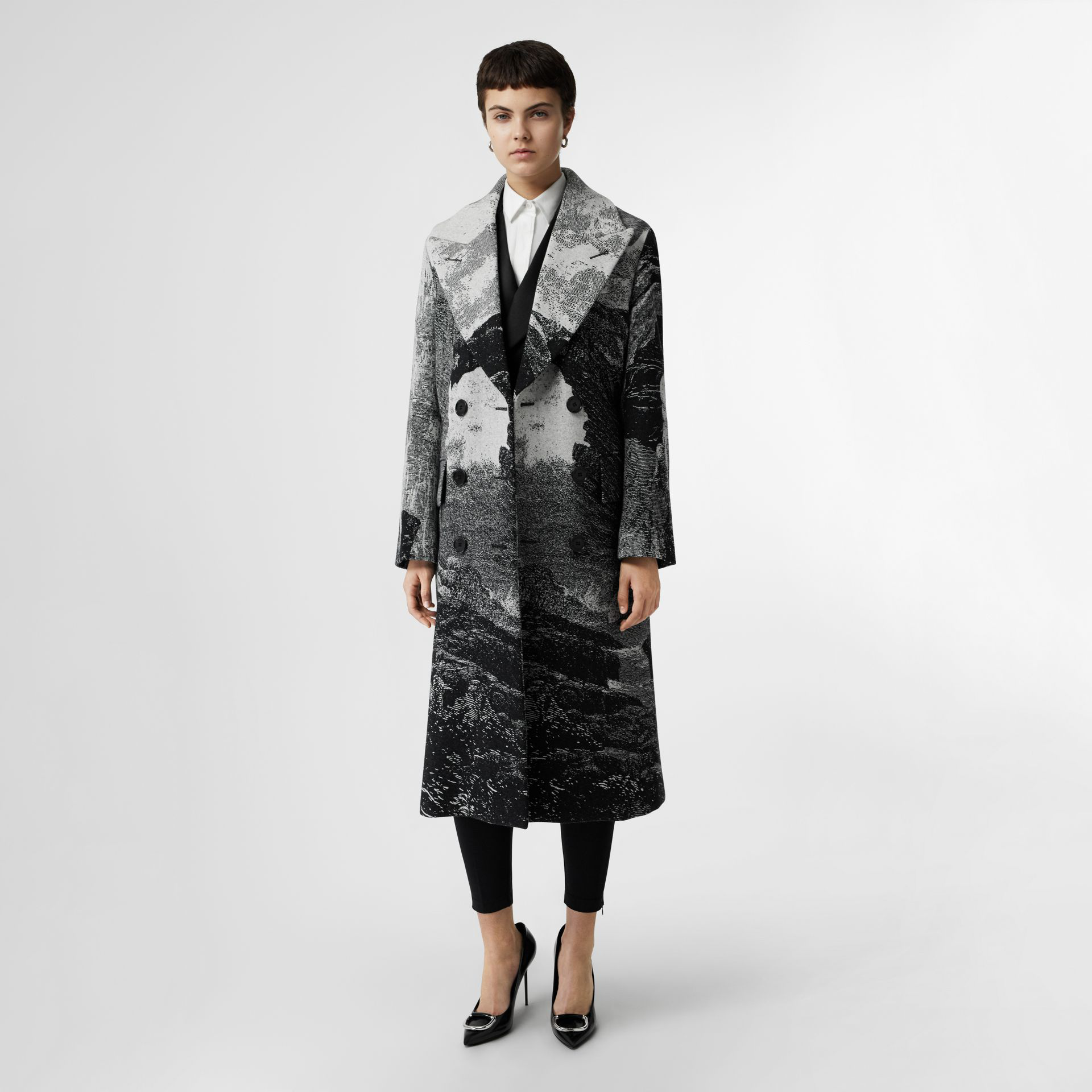 Shop Burberry Dreamscape Wool Jacquard Double-breasted Coat In Natural White