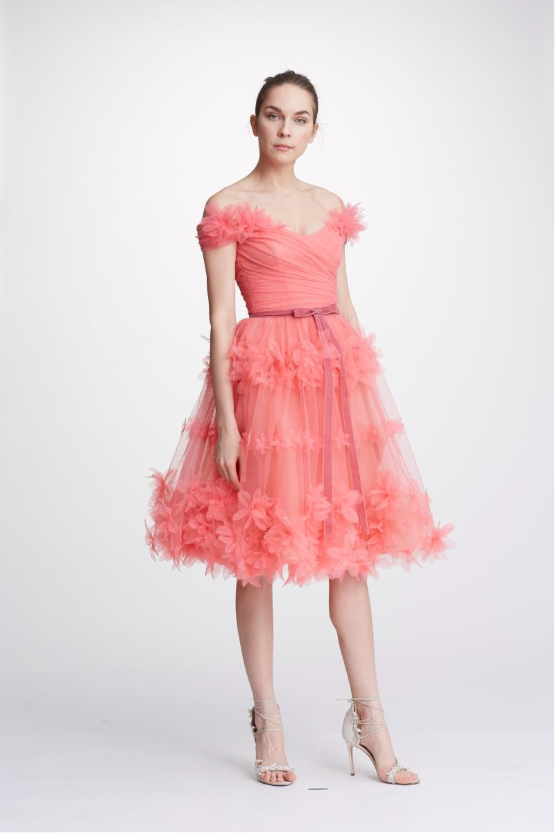 Shop Marchesa Notte Off Shoulder Tulle Cocktail Dress N32c0951 In Coral