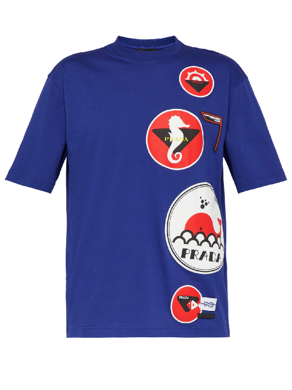 Shop Prada Nautical-appliqué Cotton T-shirt In Blue