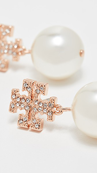 Shop Tory Burch Crystal Pearl Logo Drop Earrings In Rose Gold/crystal