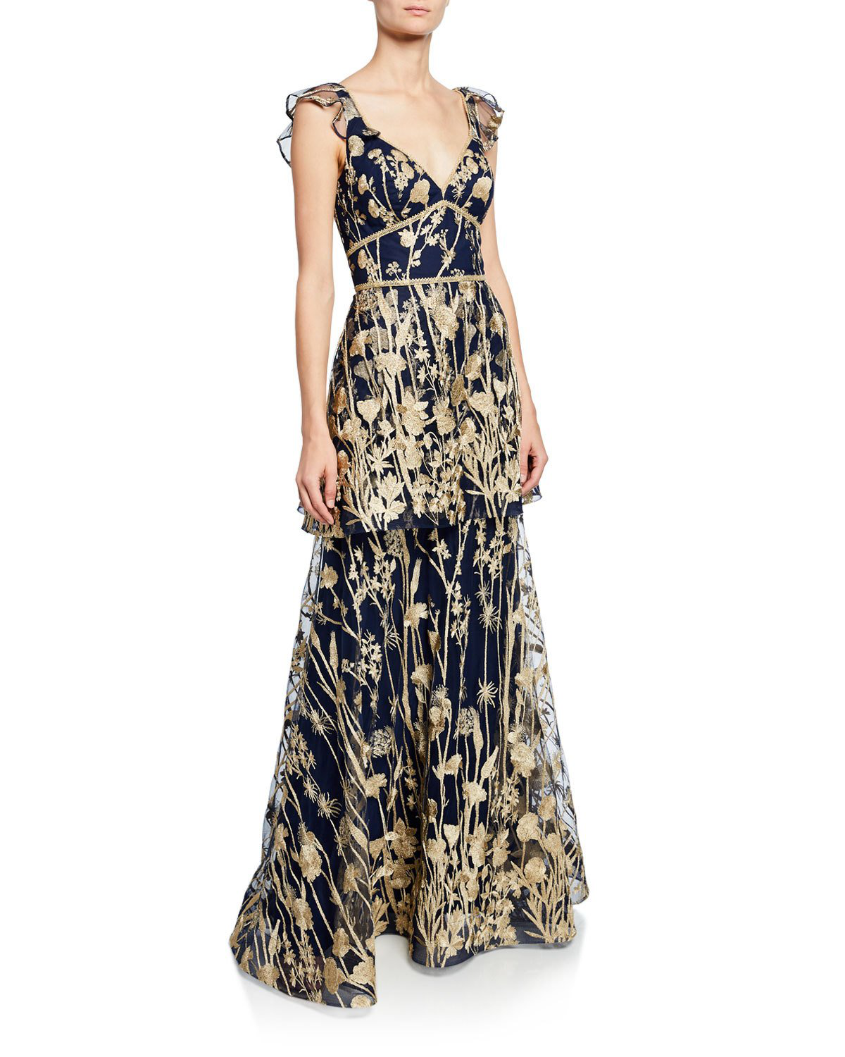 marchesa notte plunge neck embroidered gown