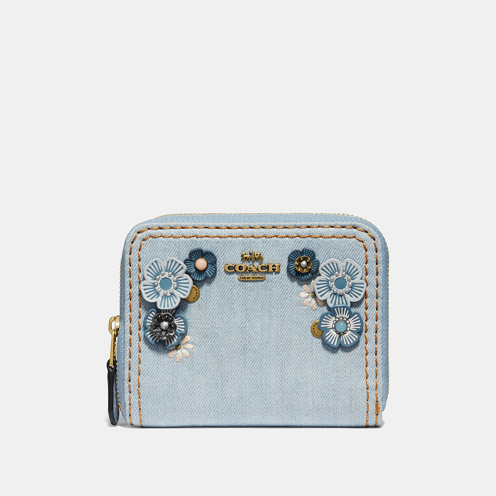 Shop Coach Small Zip Around Wallet With Tea Rose In Denim/brass