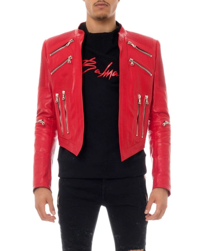 Shop Balmain Man's Leather Biker Jacket In Red