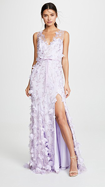marchesa notte v neck embroidered gown